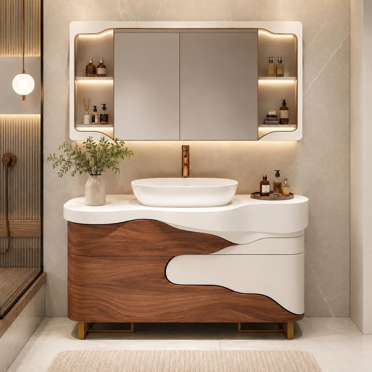 Freestanding Single-Sink Vanity with LED Mirror Cabinet
