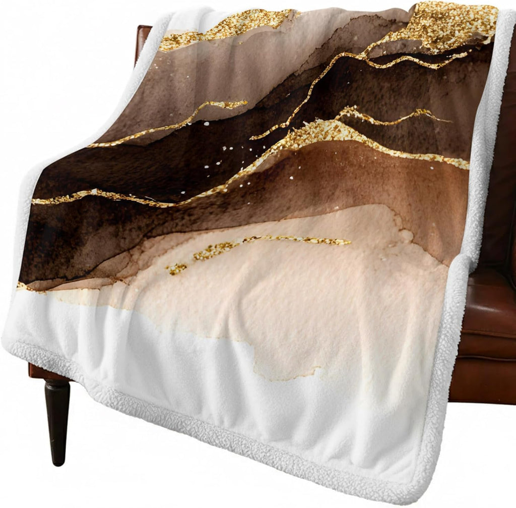 Brown & Gold Marble Sherpa Fleece Throw Blanket