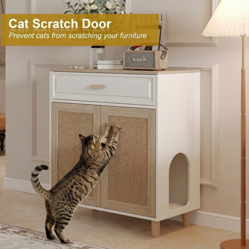 Cat Litter Box Enclosure Furniture Hidden Indoor 2-in-1 Wooden Cat & Washroom Cabinet with Scratching Board Doors and 3 Drawer for 2 Cats, 55"x20"x24"H