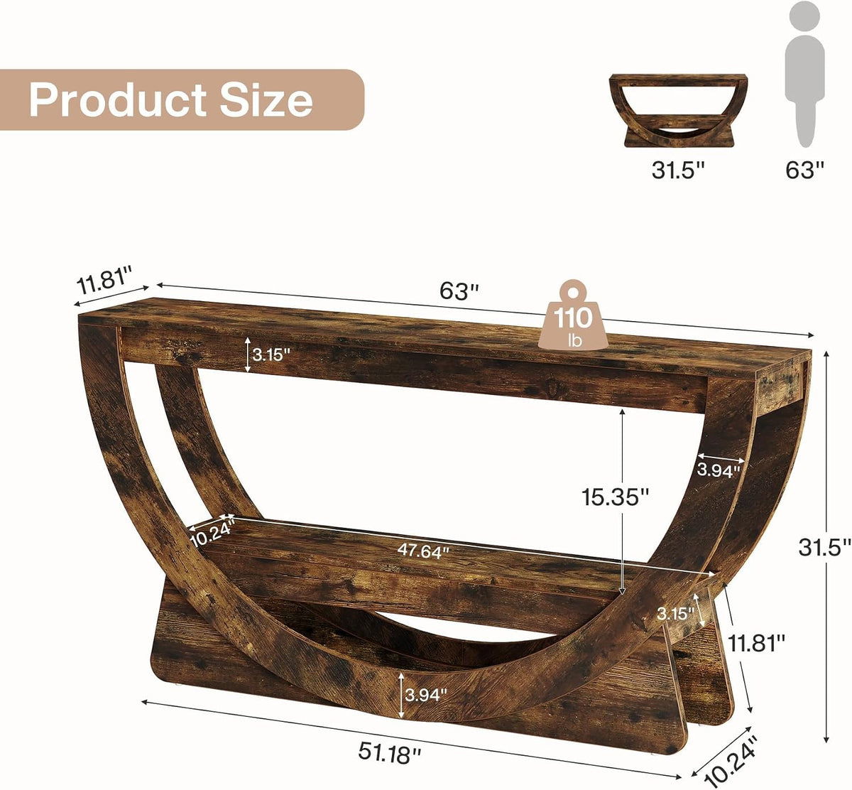 63-Inch Farmhouse Console Table with Storage Shelves