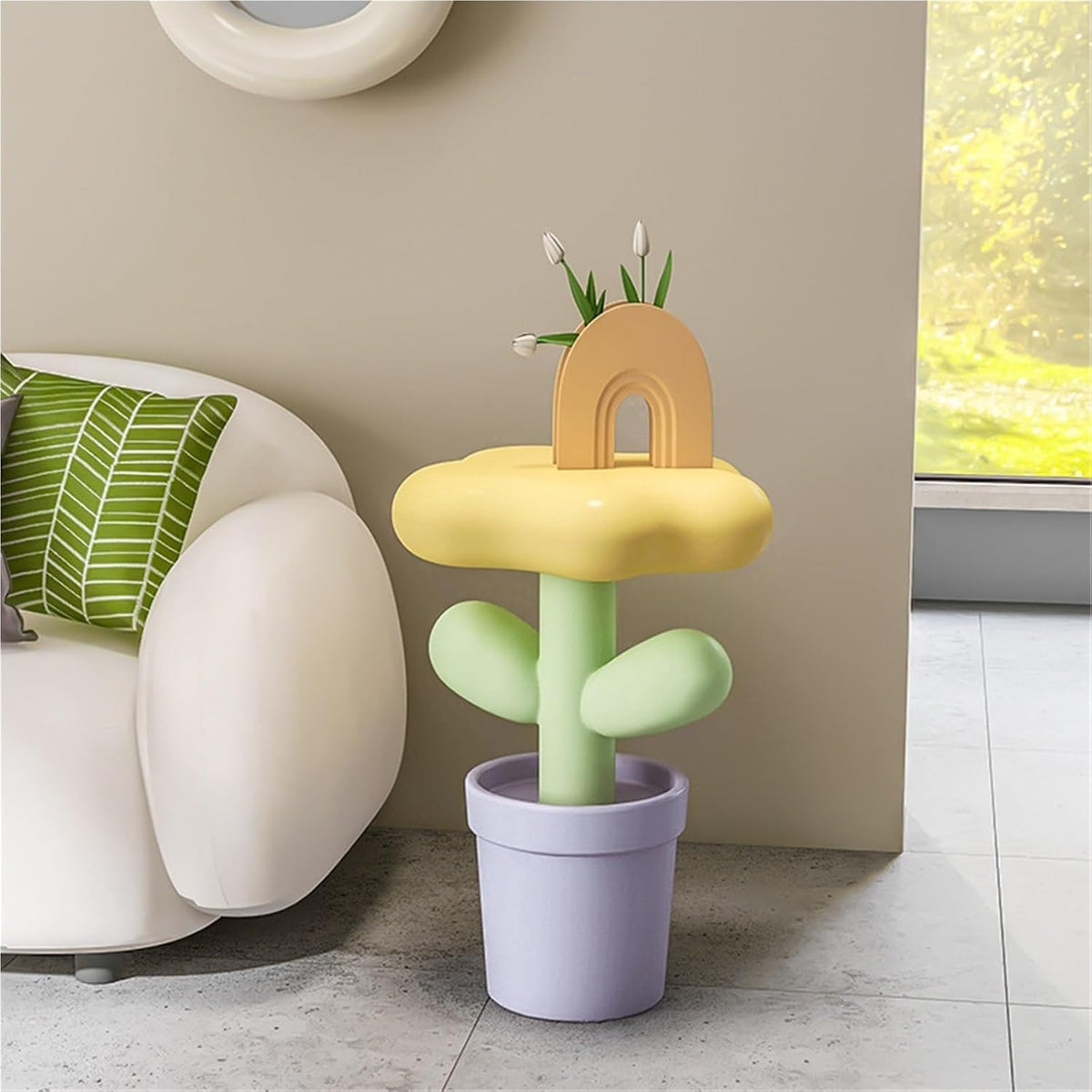 Tulip Flower Pot Resin Side Table, Modern Small Coffee Table for Living Room, Sofa End Table for Bedroom, Balcony Decor Furniture(Yellow)