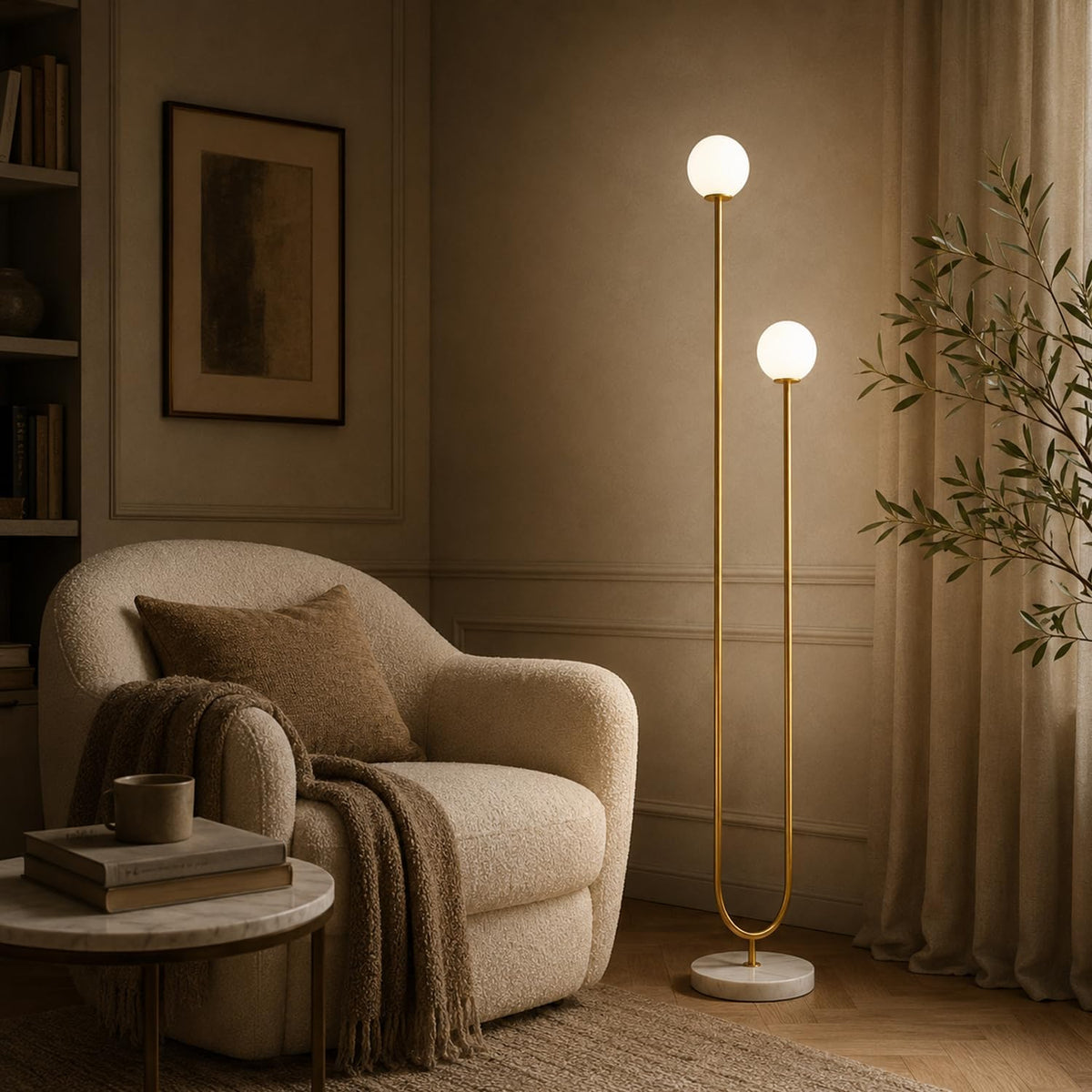Mid-Century Modern U-Shaped Floor Lamp with Frosted Glass Shades