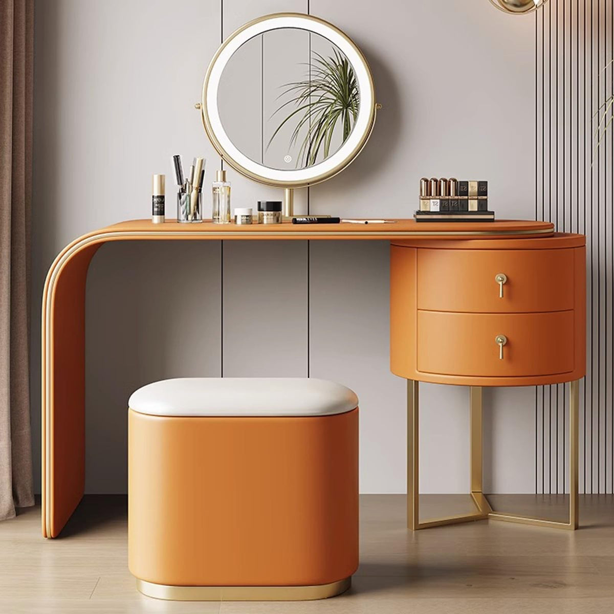 Modern Vanity Table with Adjustable LED Mirror & Stool