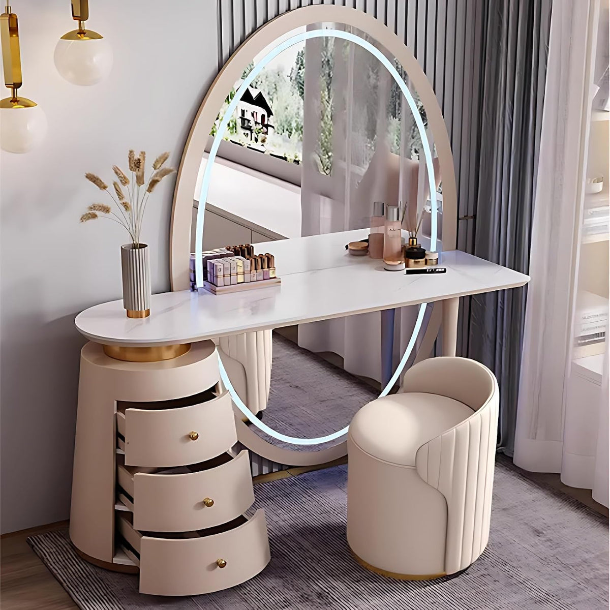 Solid Wood Vanity Set with LED Mirror & Stone Board Top