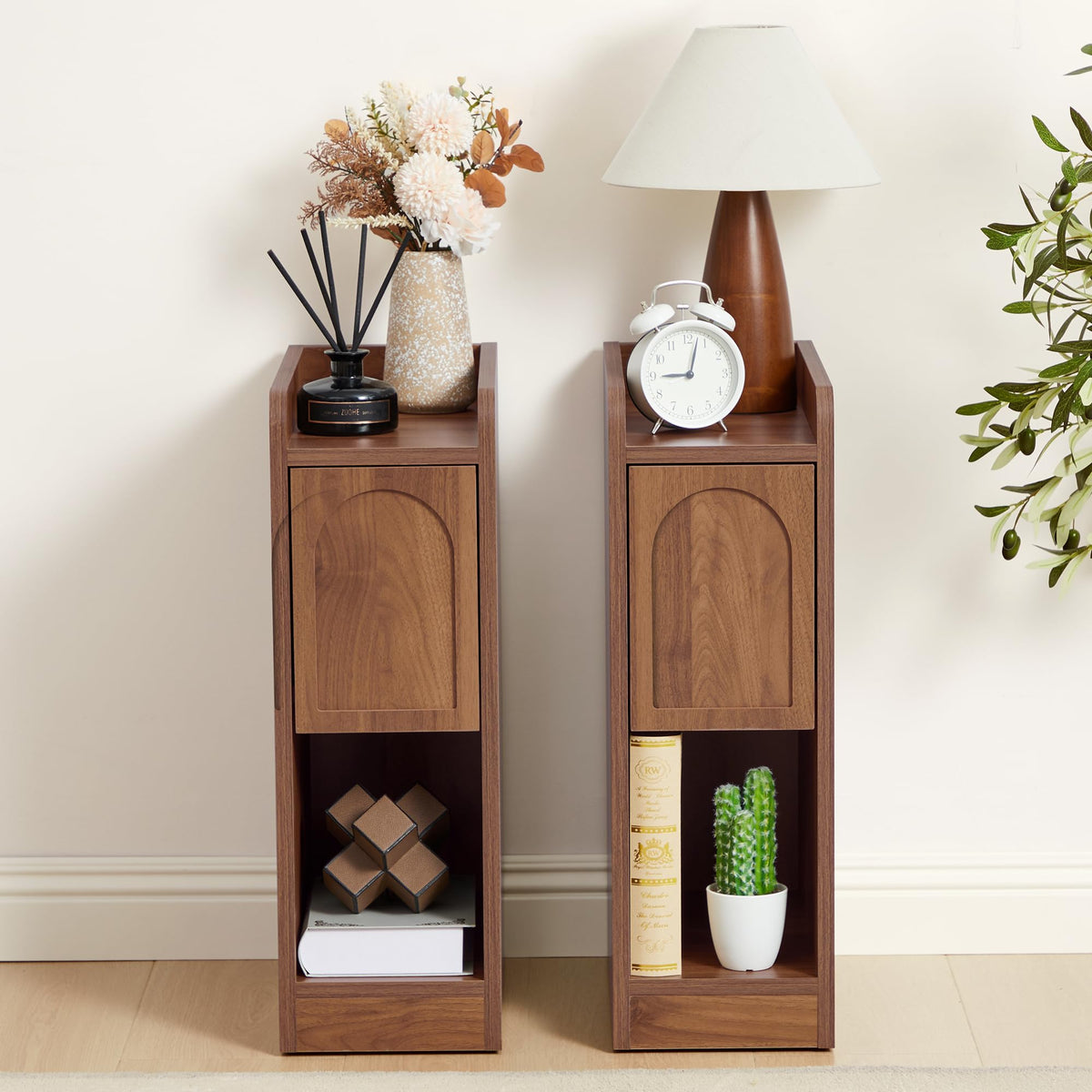 Narrow Carved Wood Nightstands, Set of Two