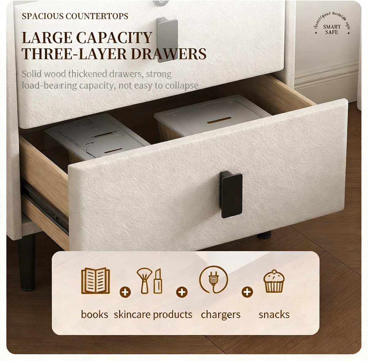 Smart Nightstand with Bluetooth Speaker,Led Nightstands with 3-Drawers and USB-Port,Fingerprint Lock Smart Side Table,3-Colors Lighting Bedside Table