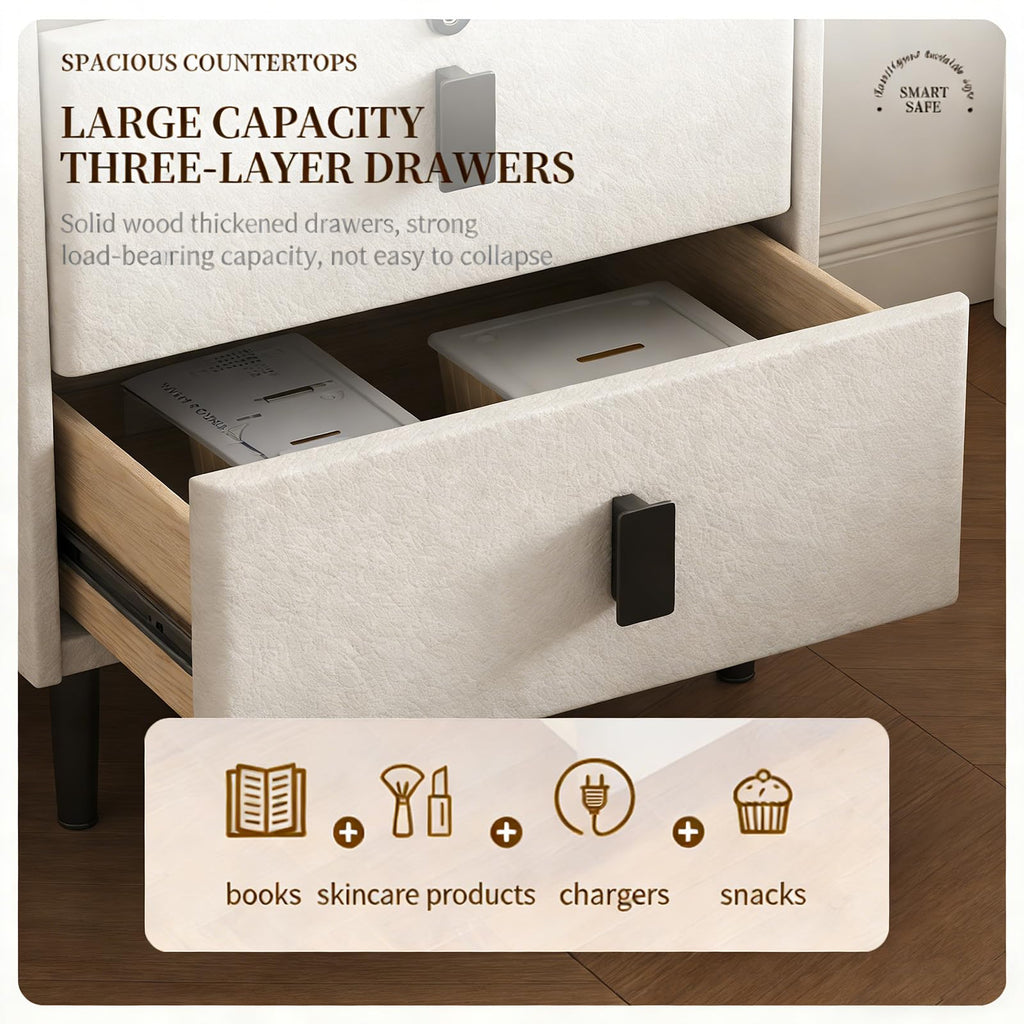 Smart Nightstand with Bluetooth Speaker,Led Nightstands with 3-Drawers and USB-Port,Fingerprint Lock Smart Side Table,3-Colors Lighting Bedside Table