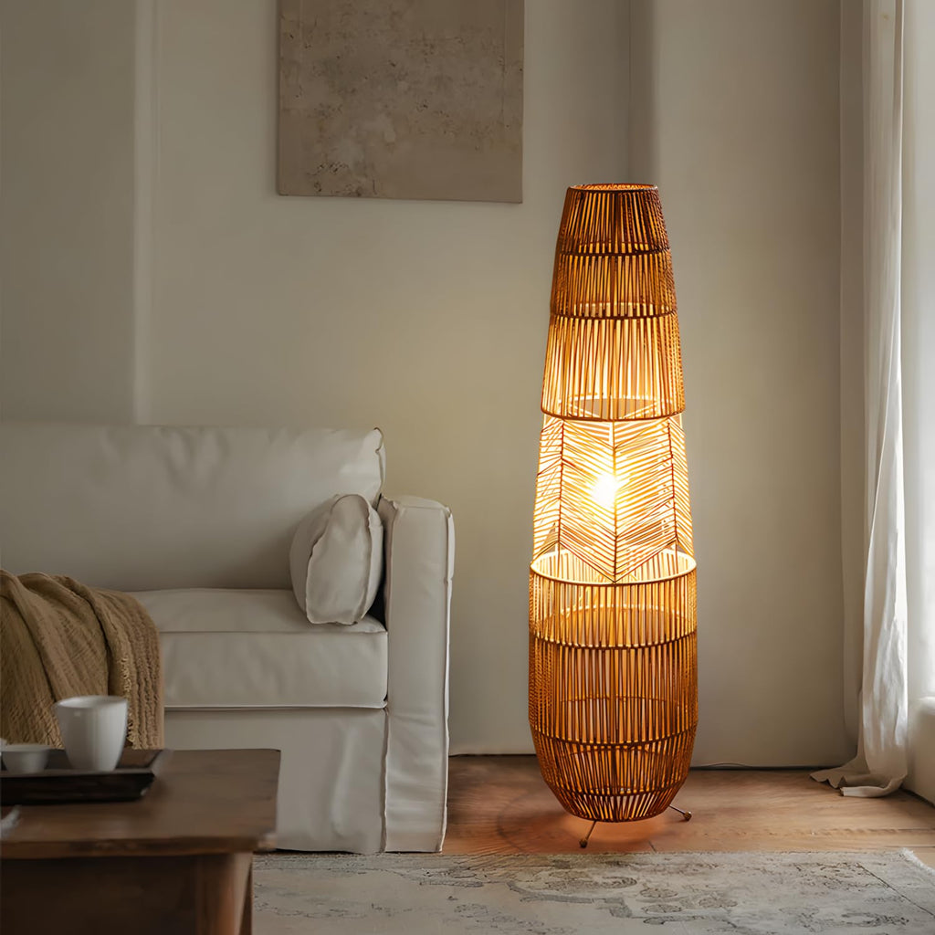34.64" Mid Century Boho Farmhouse Wood Floor Lamp with Bamboo Shade