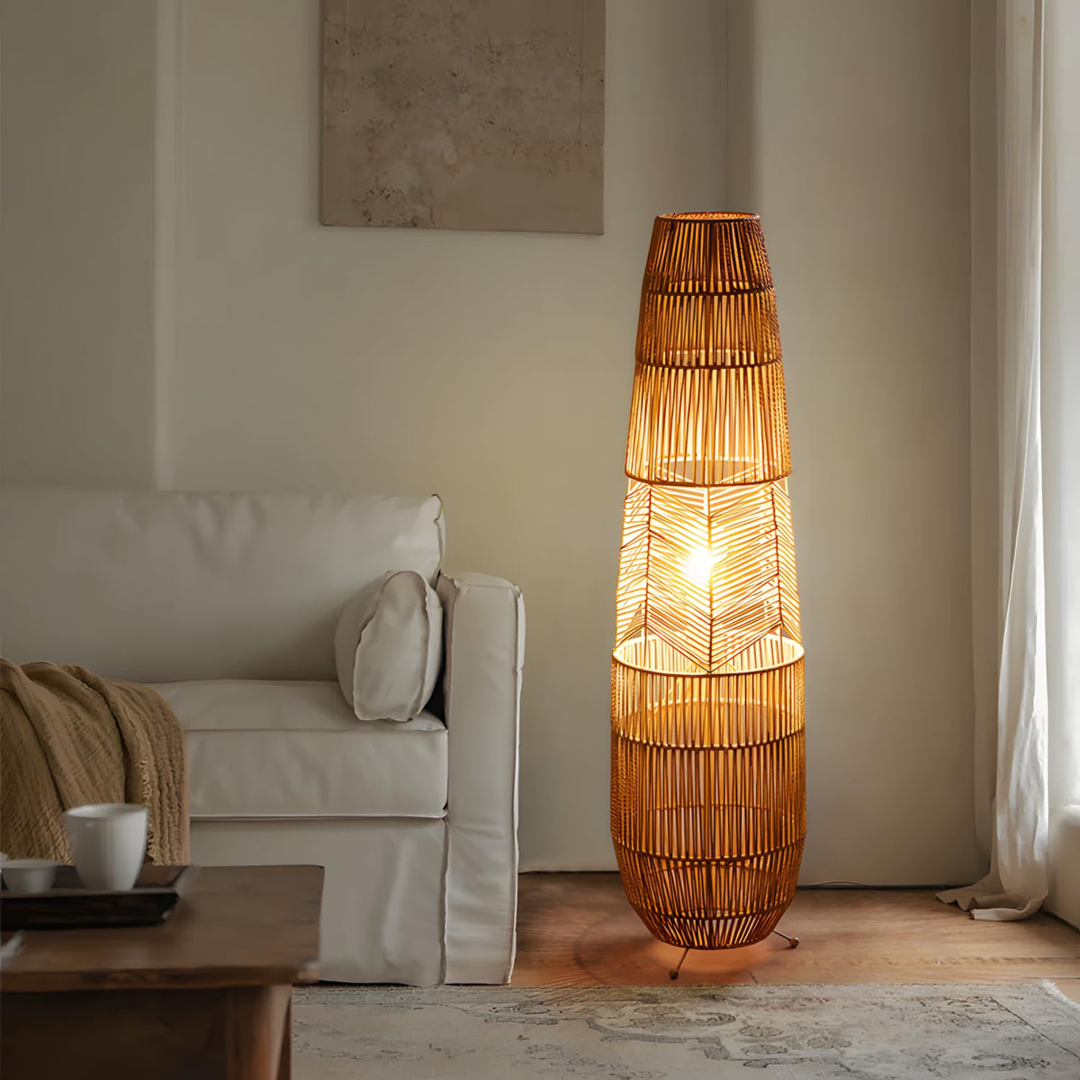 34.64" Mid Century Boho Farmhouse Wood Floor Lamp with Bamboo Shade