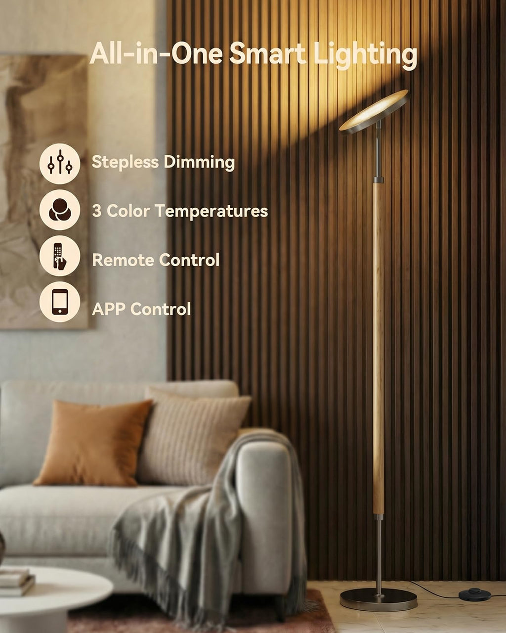 JOOFO Wood LED Torchiere Floor Lamp with Remote, 3000LM Dimmable