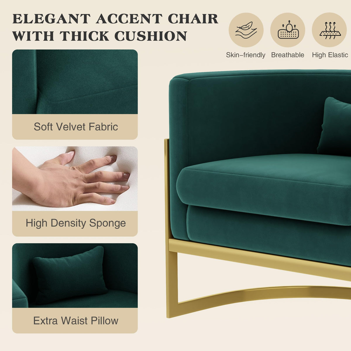 Velvet Accent Chair Ivory Modern Barrel Chair with Gold Legs