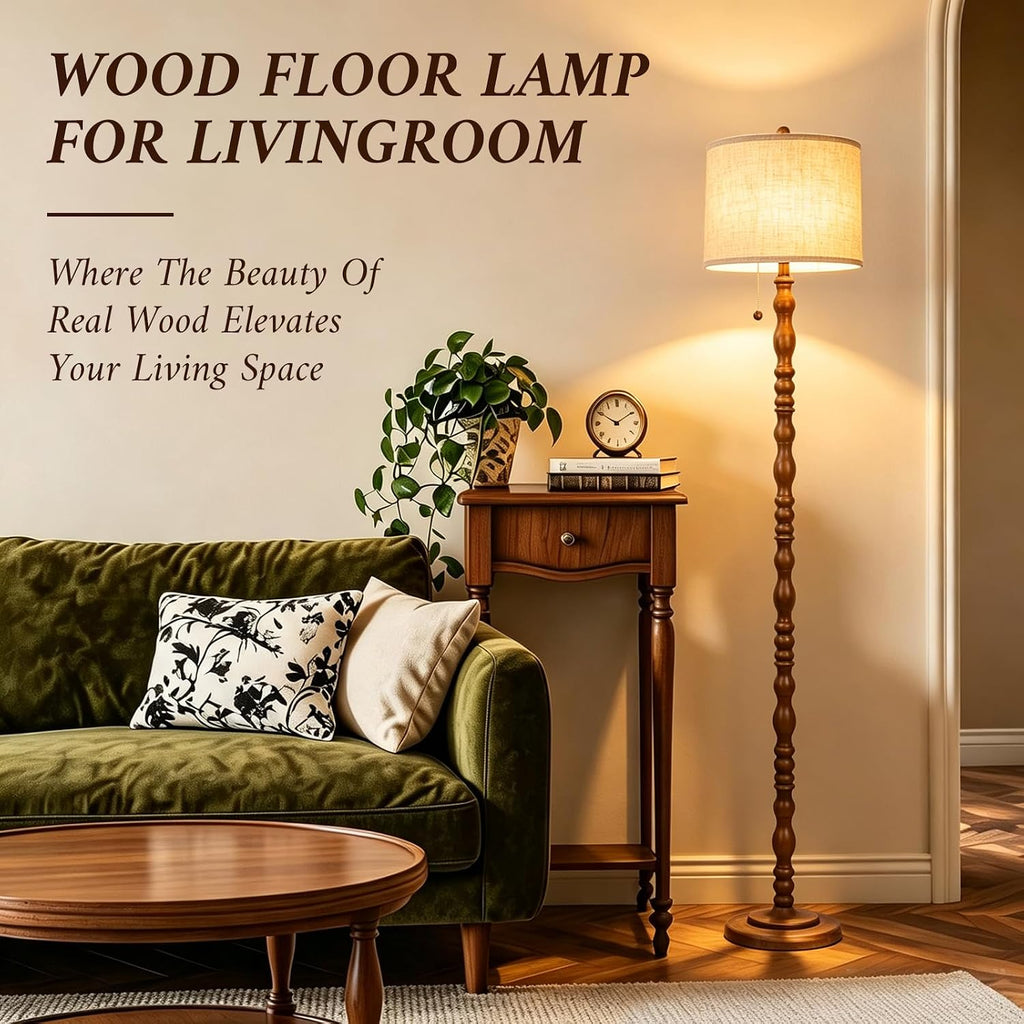CEDARLUX 65.5" Natural Real Wood Floor Lamp, Vintage Standing Lamp Brwon