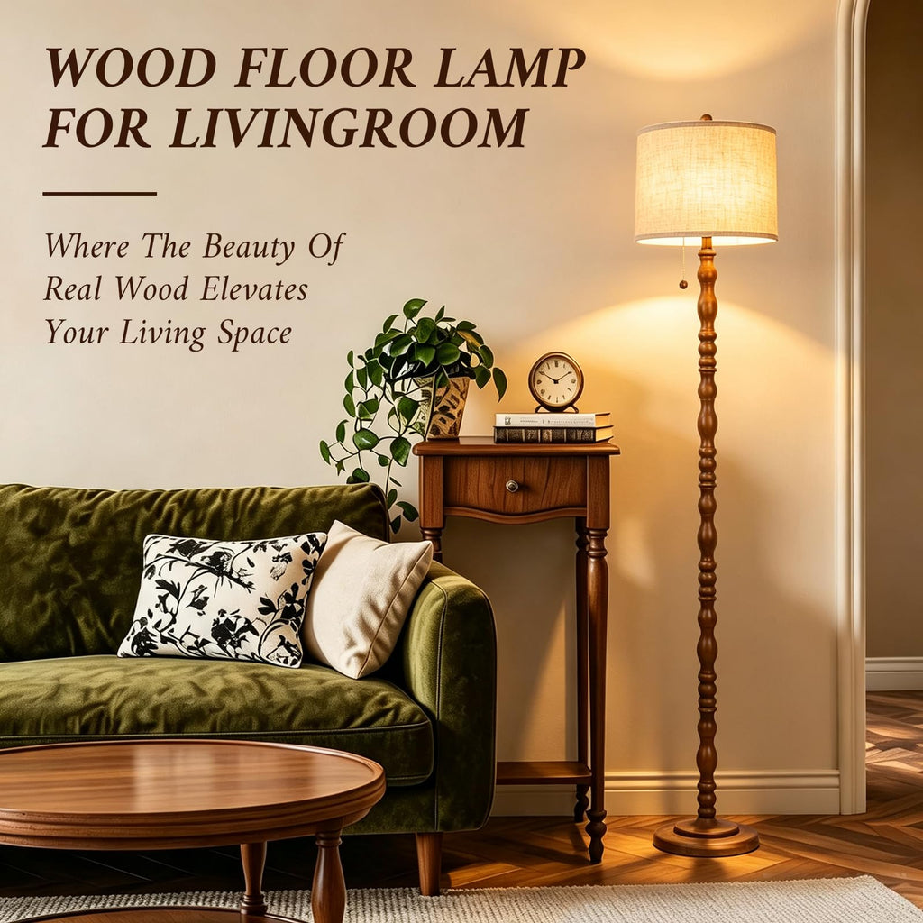 CEDARLUX 65.5" Natural Real Wood Floor Lamp, Vintage Standing Lamp Brwon