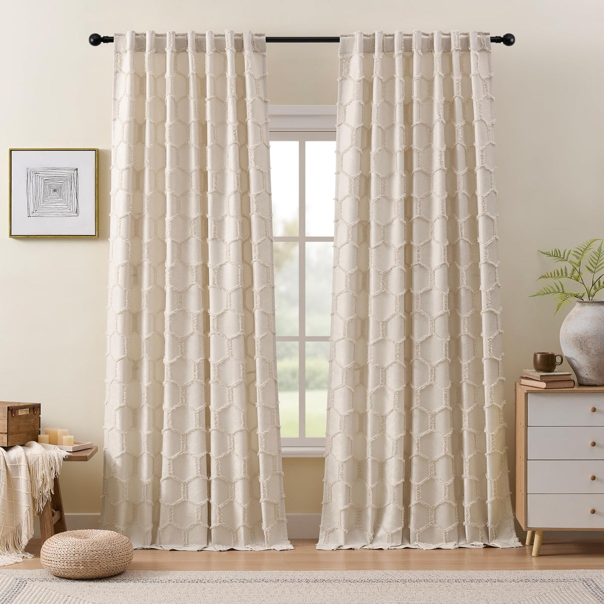 Cream Beige Geometric Jacquard Curtains, Set of Two