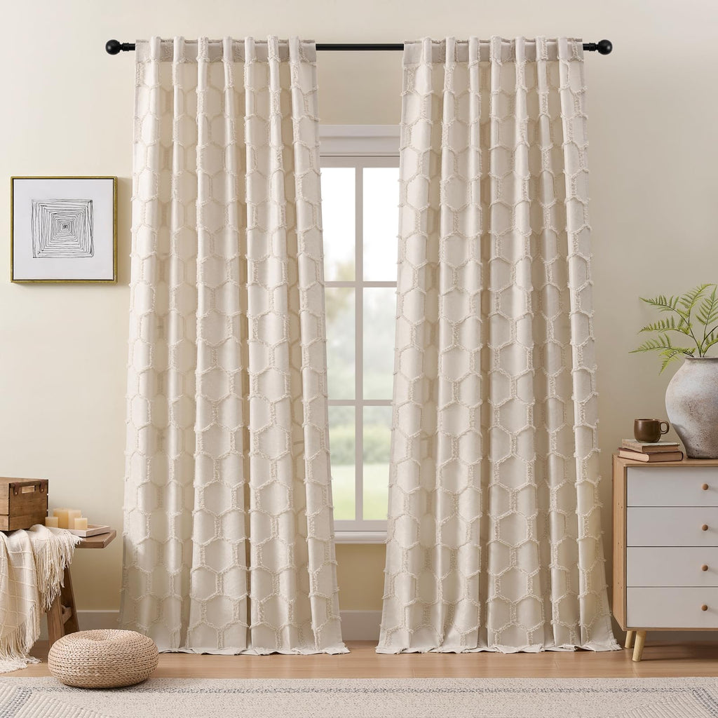 Cream Beige Geometric Jacquard Curtains, Set of Two