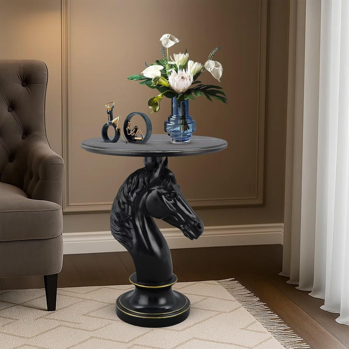Modern End Table Living Room Black Horse Statue Base Faux Marble Night Stand 20"