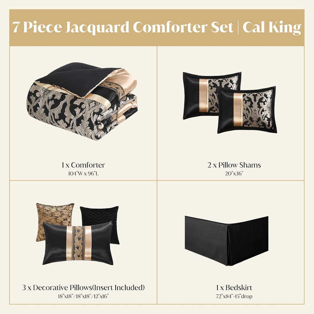 CozyDH Black Gold Jacquard Comforter Set California King, 7PCS Bed in a Bag