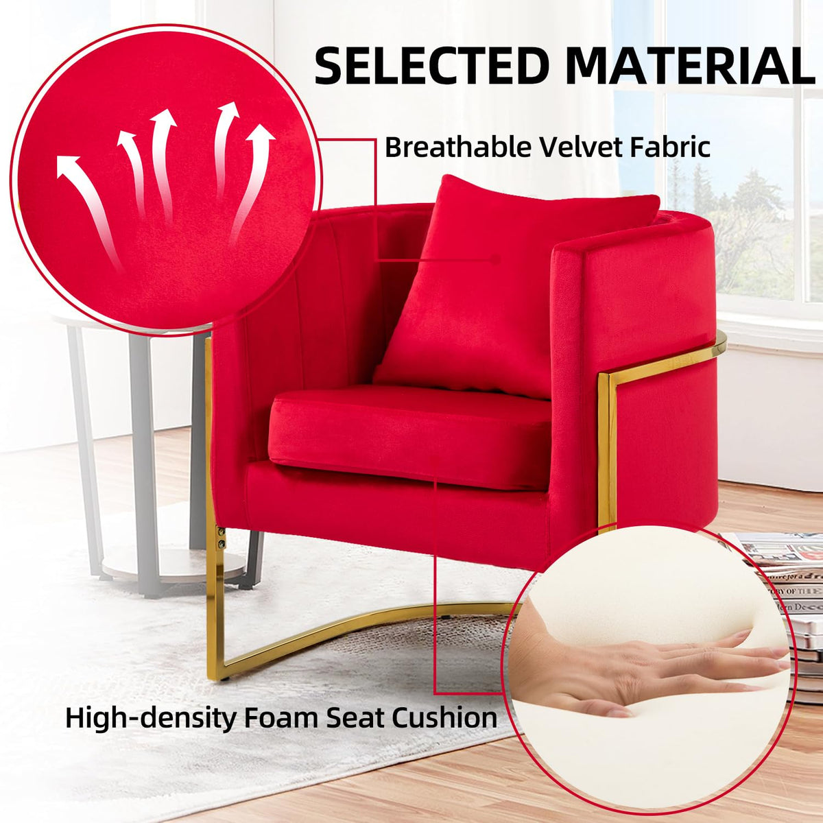 Velvet Barrel Accent Chair with Pillow
