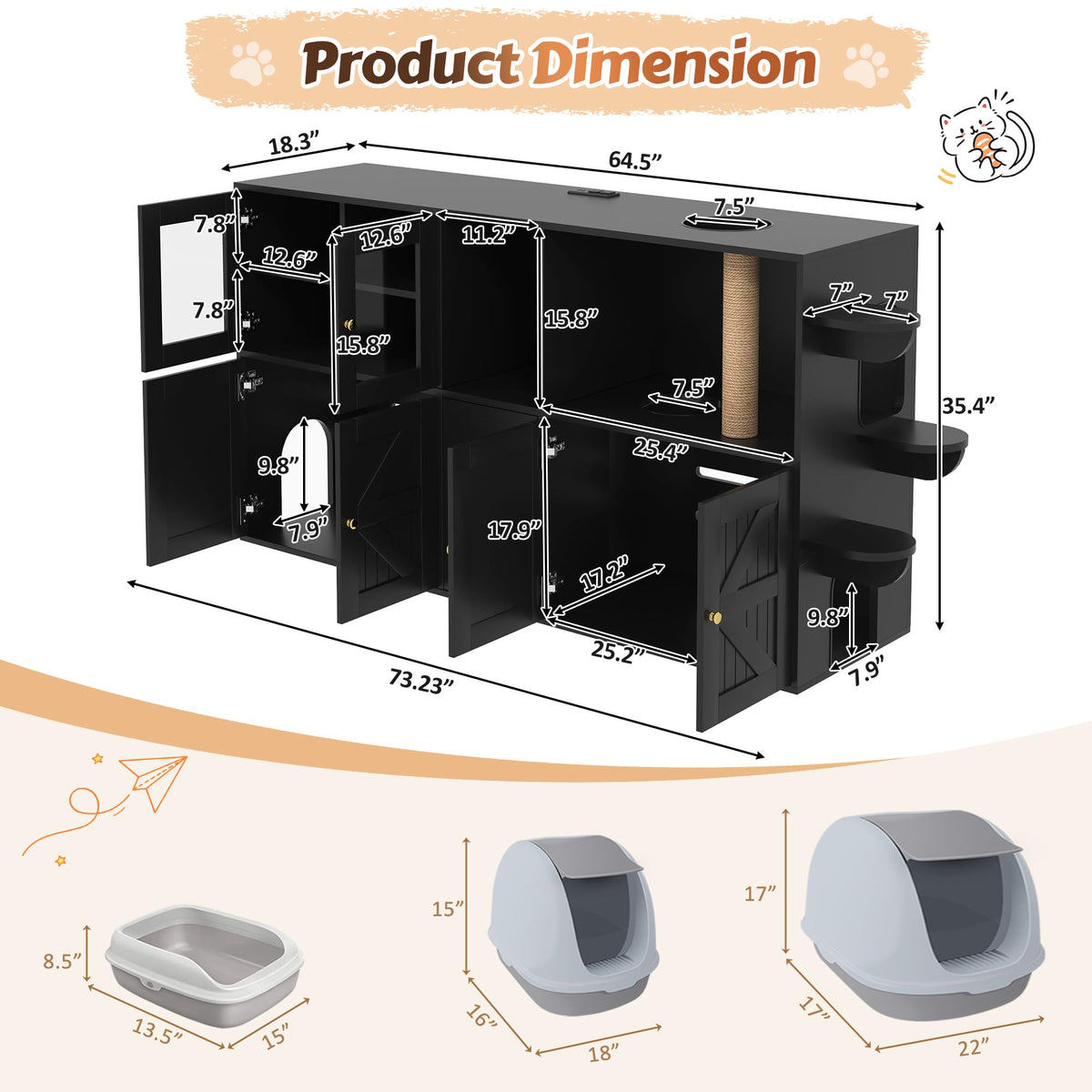39.4 Inch 3-Tier Hidden Litter Box Furniture, Black/Brown
