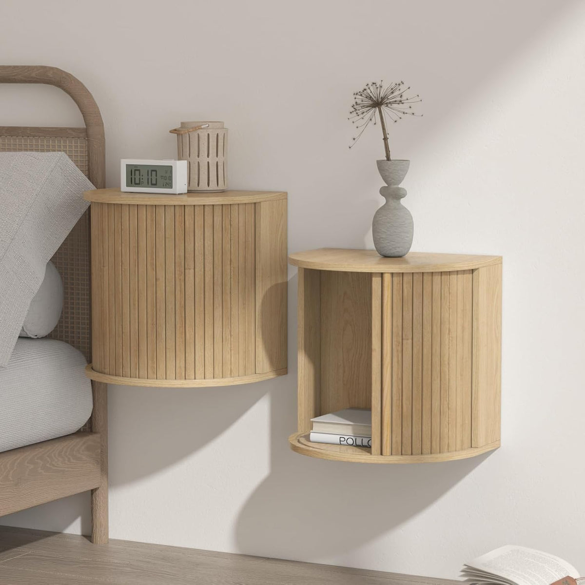 Wood Color Floating Nightstand Set with Fluted Door