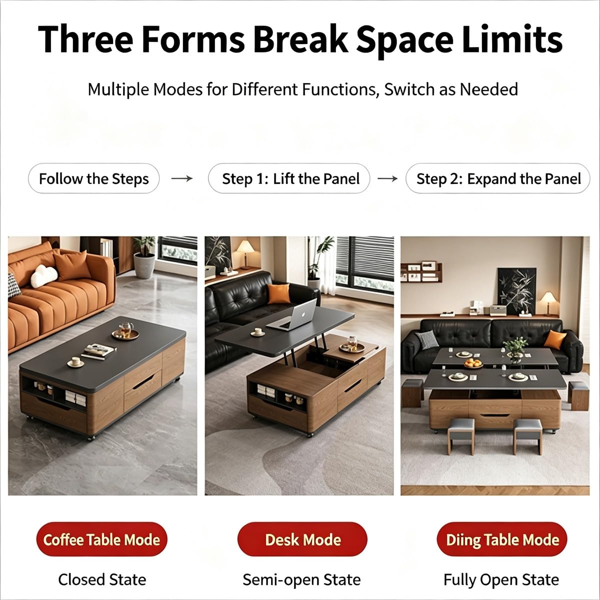 3‑in‑1 Lift‑Top Coffee‑Table with Storage Drawers & Rolling Casters