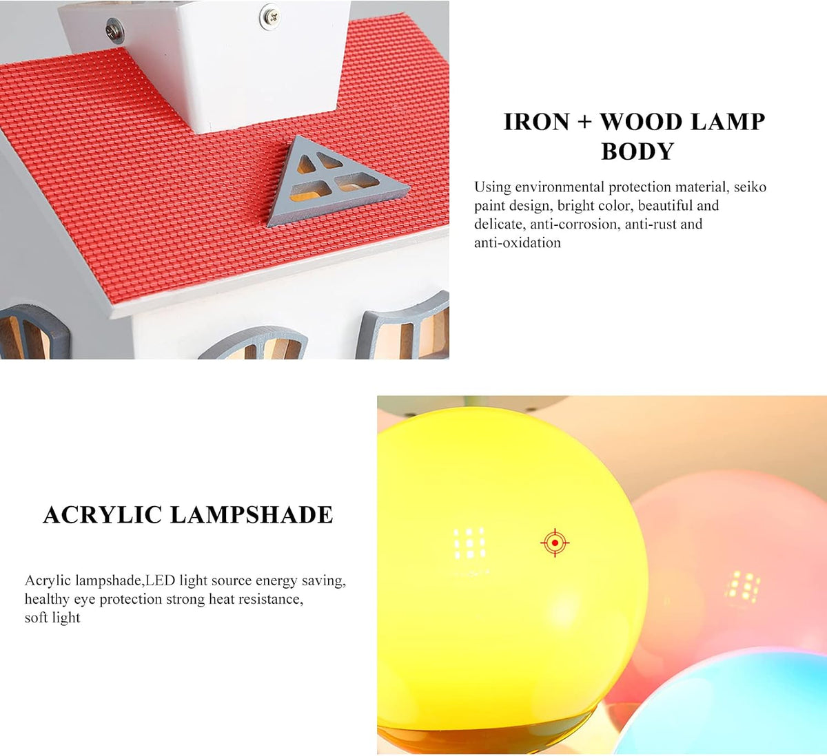 Kids House Shape Ceiling Light Colorful Balloon Wood Chandelier Cartoon House Shape with Acrylic lampshade Sputnik Ceiling Light for Girls Boys Kid's Bedroom (D16.5*H22.8IN (6 Light))
