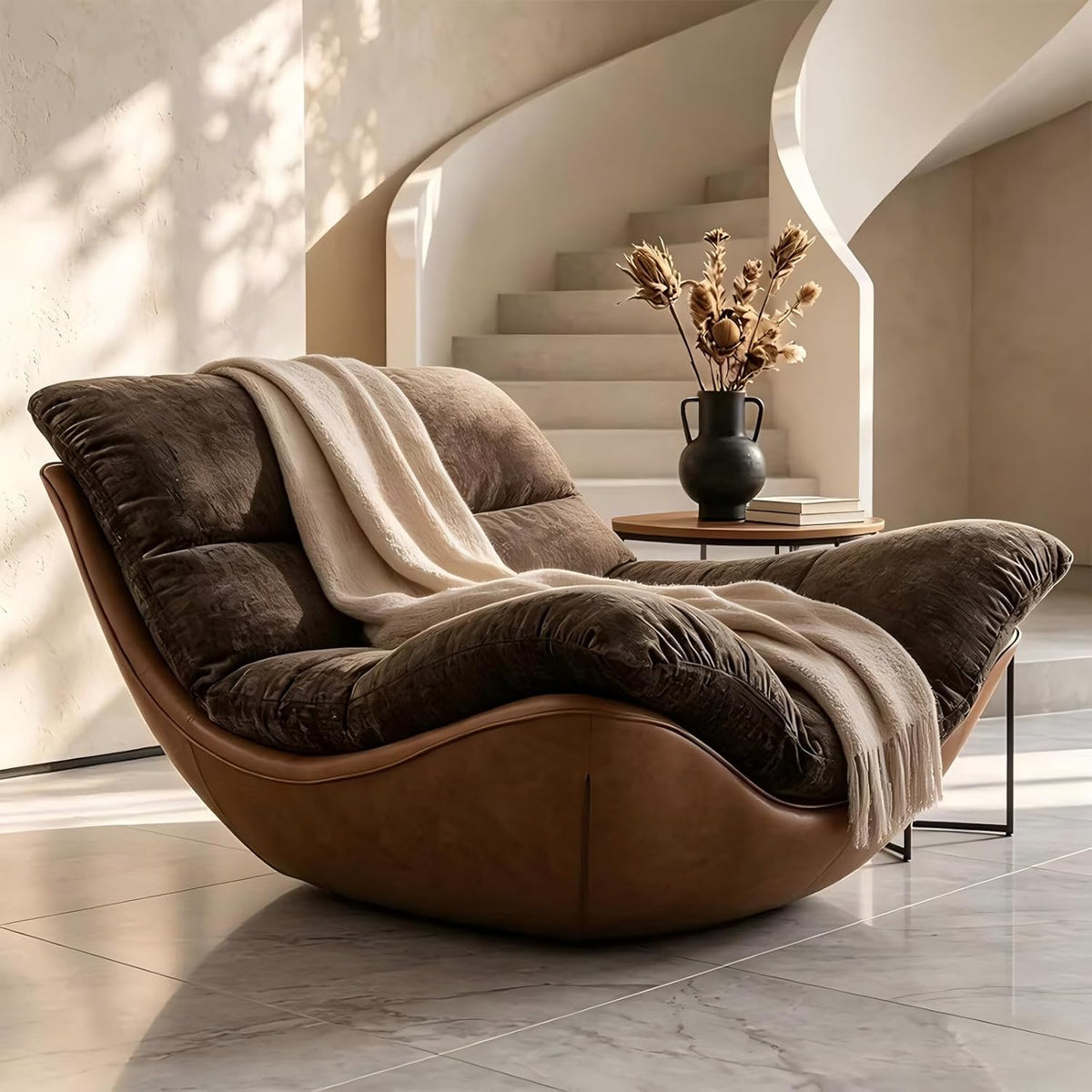 Modern Lounge Chair, Plush Fabric Lounge Chair with Faux Leather Base, Low Profile Lazy Sofa Chair, Ergonomic Curved Upholstered Chair for Living Room, Bedroom, Reading Nook, No Assembly Required