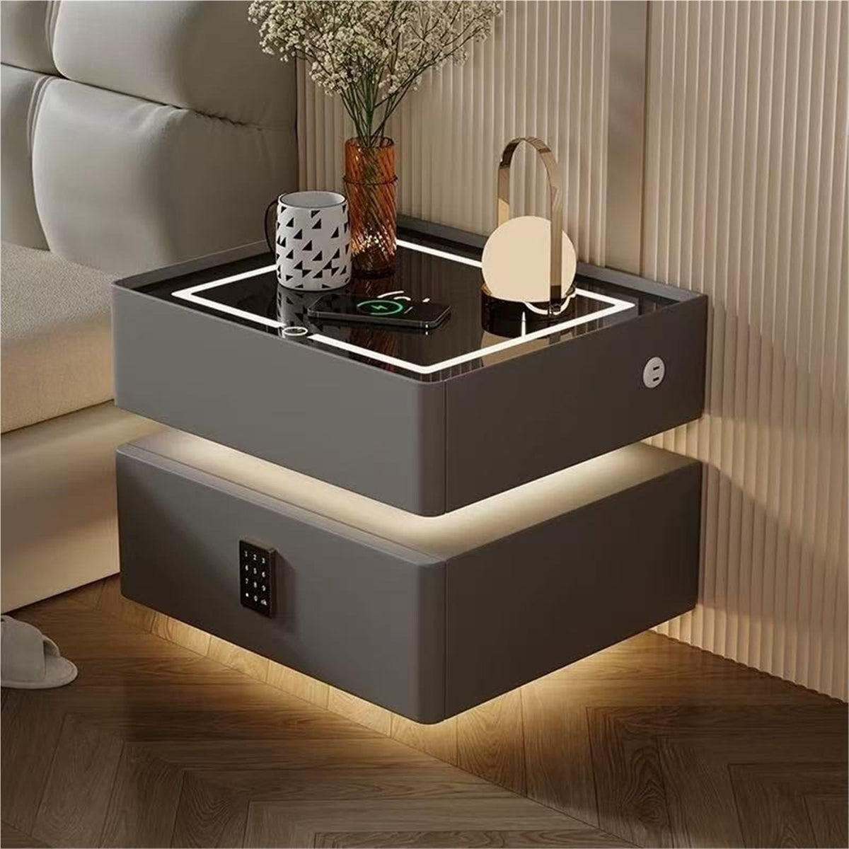 LED Smart Nightstand with 2 Drawers, Side Table, Modern Floating Nightstand for Bedroom and Living Room, Gray, 11.8"x15.7"x18.9"