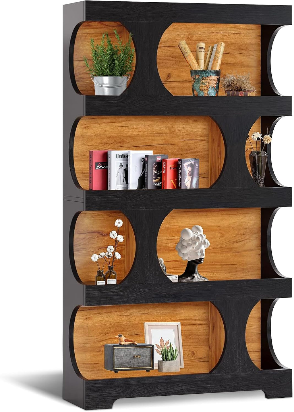 Bookcase Freestanding 71.3" Modern Book Case Display Shelf Tall Bookshelf with S-Shaped Pattern for Bedroom, Home Office, and Living Room, Black