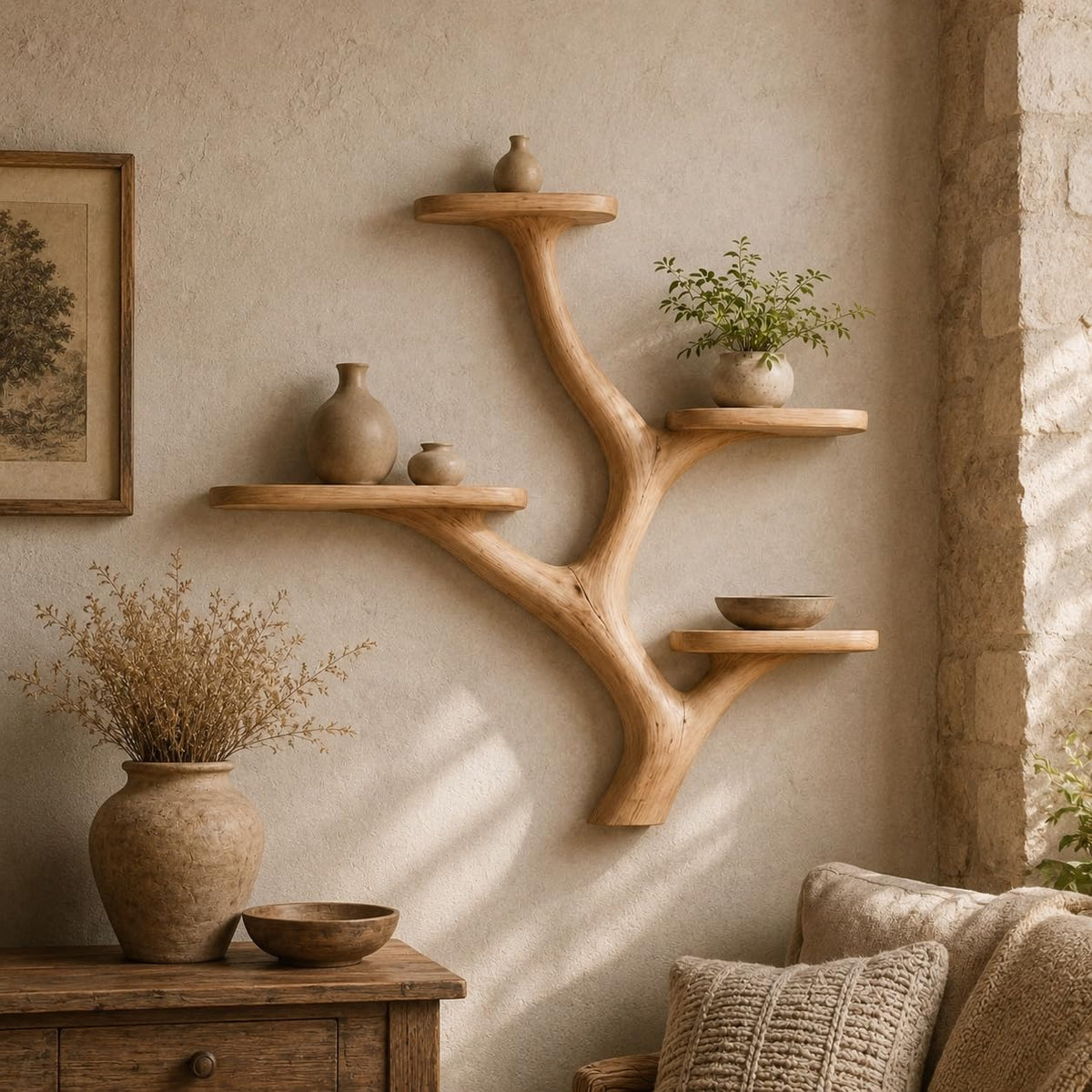 Wall Mounted Tree Bookshelf, Solid Wood Branch Floating Shelf, Rustic Driftwood Style Plant Display & Book Shelf for Boho Farmhouse Living Room Wall Decor (Option 5)