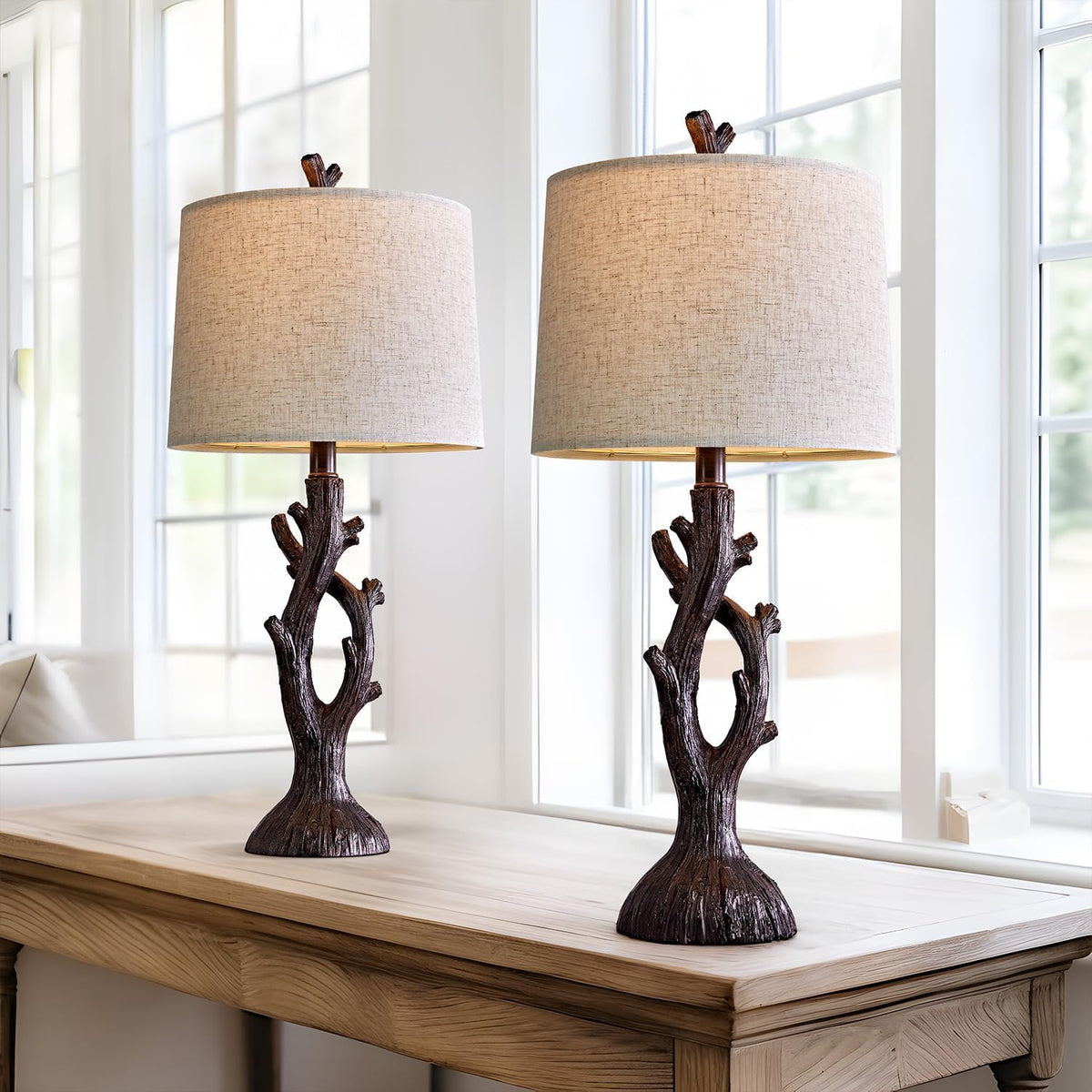 Rustic Tree-Trunk Table Lamp with Oatmeal Shade