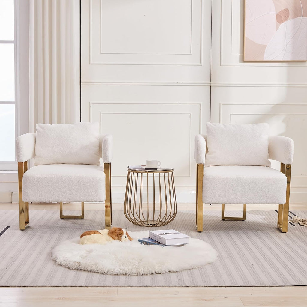 Upholstered Barrel Accent Chairs with Gold Legs – Set of 2