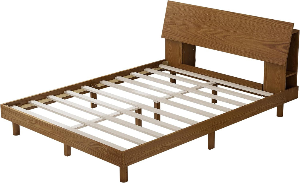 Walnut Queen Platform Bed with LED Bookshelf Headboard