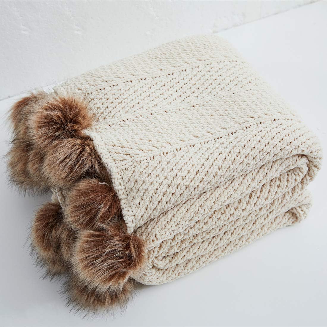 Cable-Knit Pom-Pom Throw Blanket