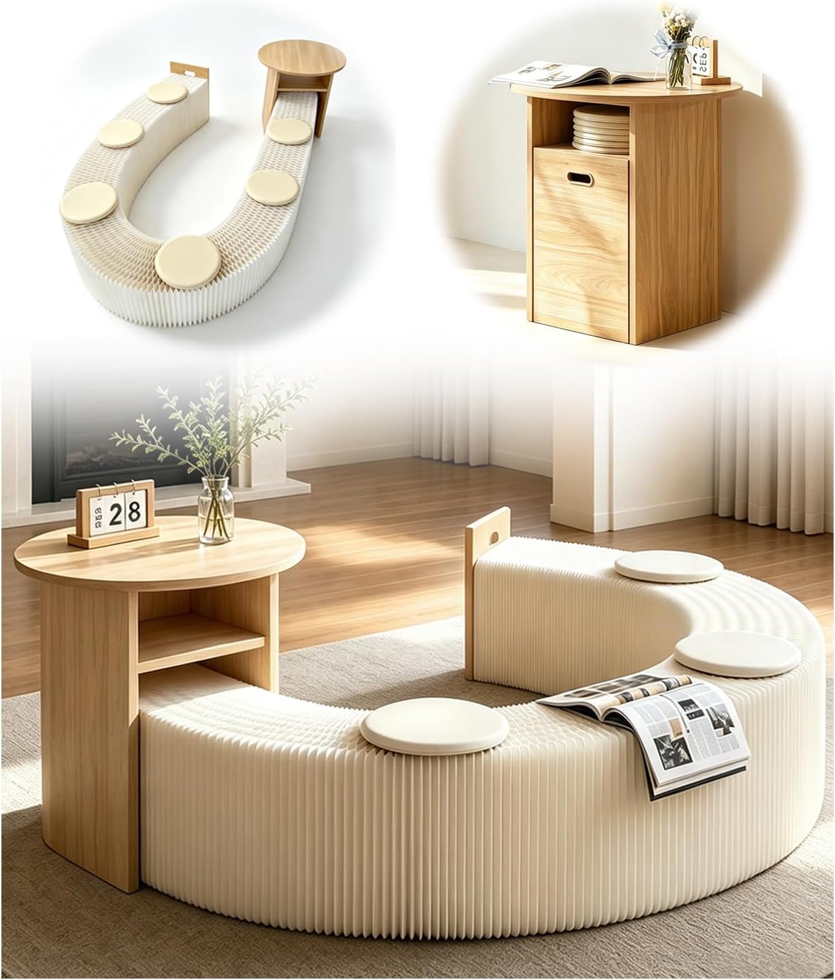 Solid Wood Coffee Table with Folding Paper Stool
