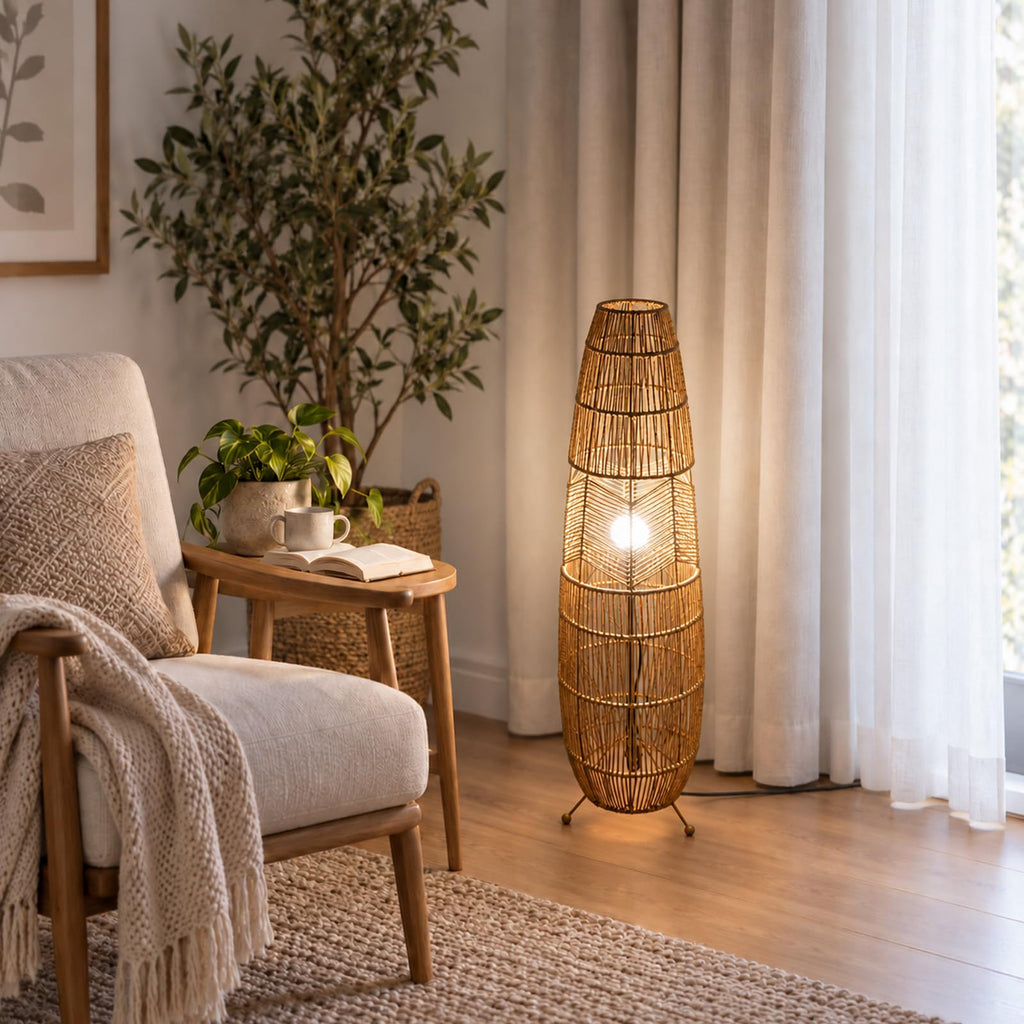 Boho Style Bamboo Woven Floor Lamp for Living Room, 36 in, Cozy Decor