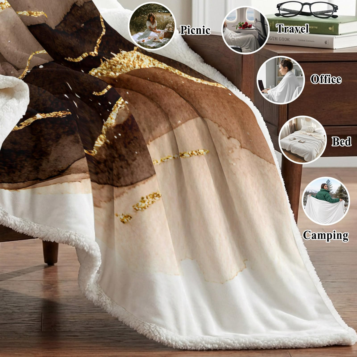 Brown & Gold Marble Sherpa Fleece Throw Blanket