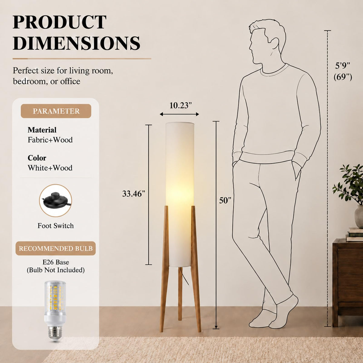 Boho Style Bamboo Woven Floor Lamp for Living Room, 36 in, Cozy Decor