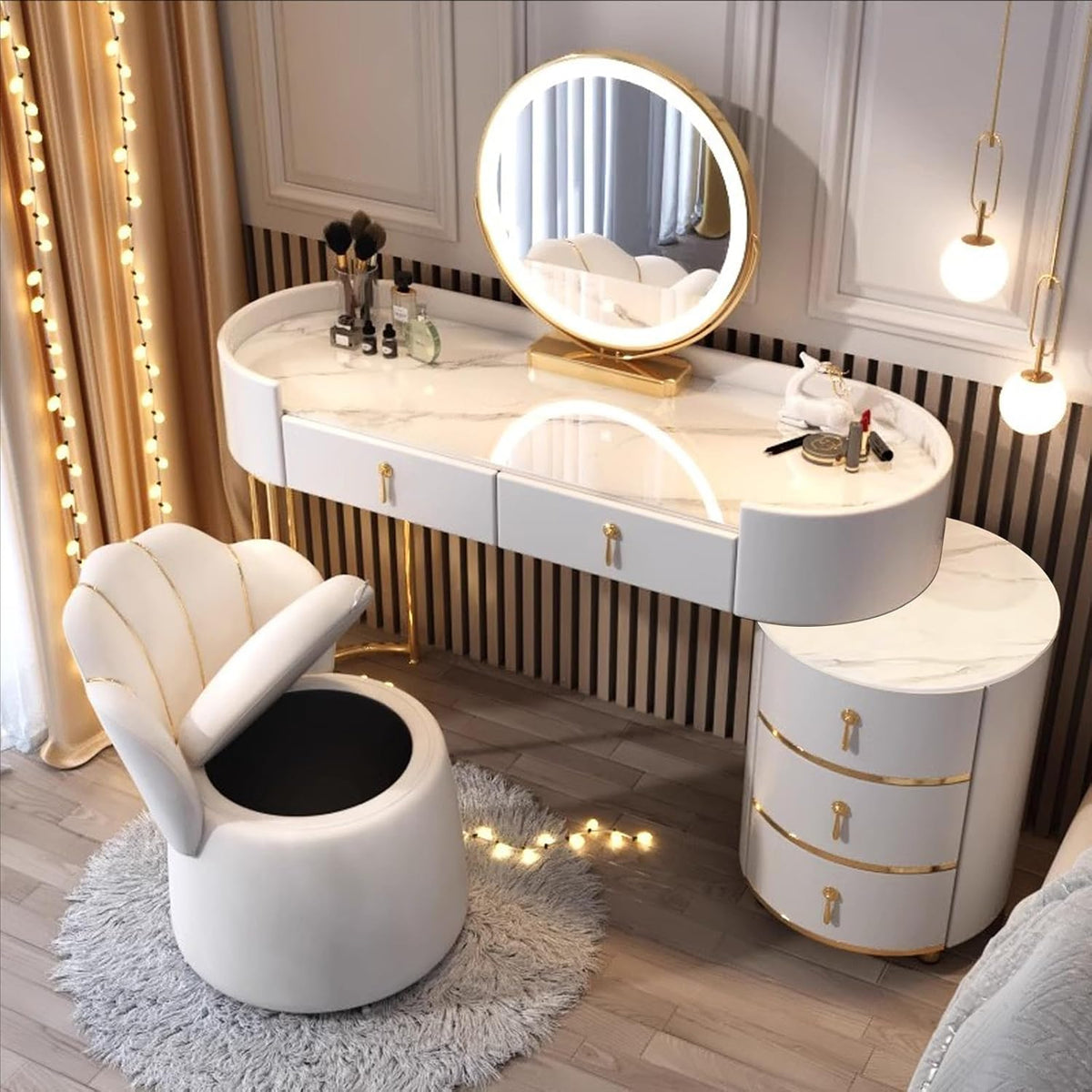 Solid Wood Vanity Set with 3-Color LED Mirror & Marble Top