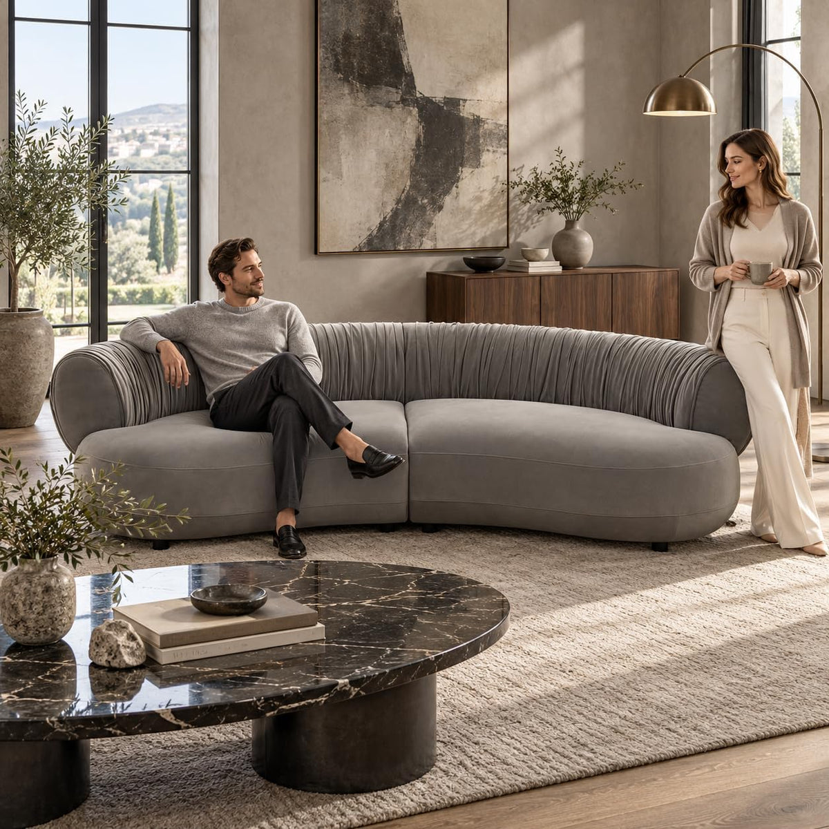 102.36" Curved Sectional Sofa, Gray Velvet 4-Seat Couch