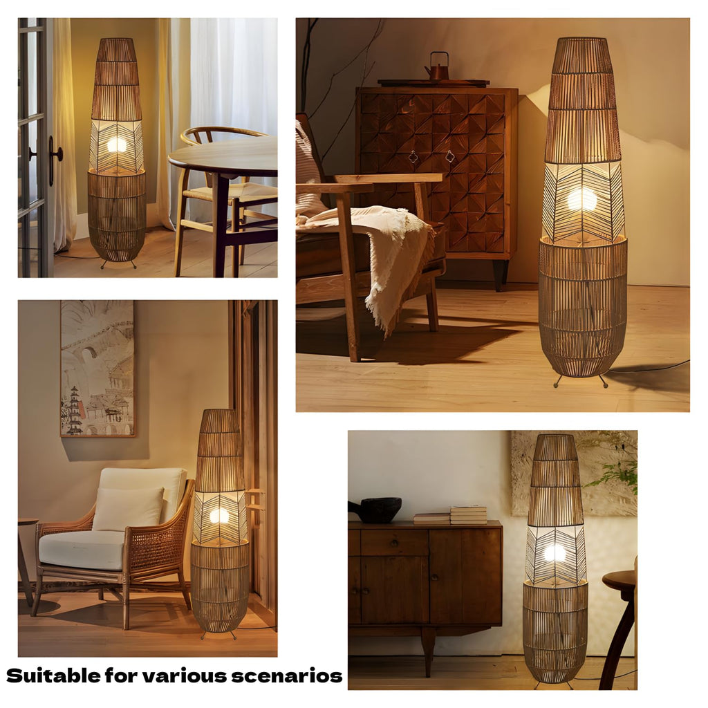 34.64" Mid Century Boho Farmhouse Wood Floor Lamp with Bamboo Shade