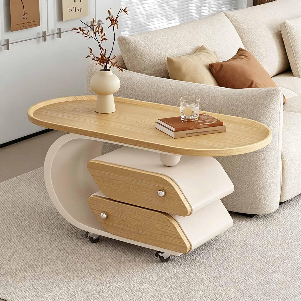 Rolling Wood-Top Storage Side Table