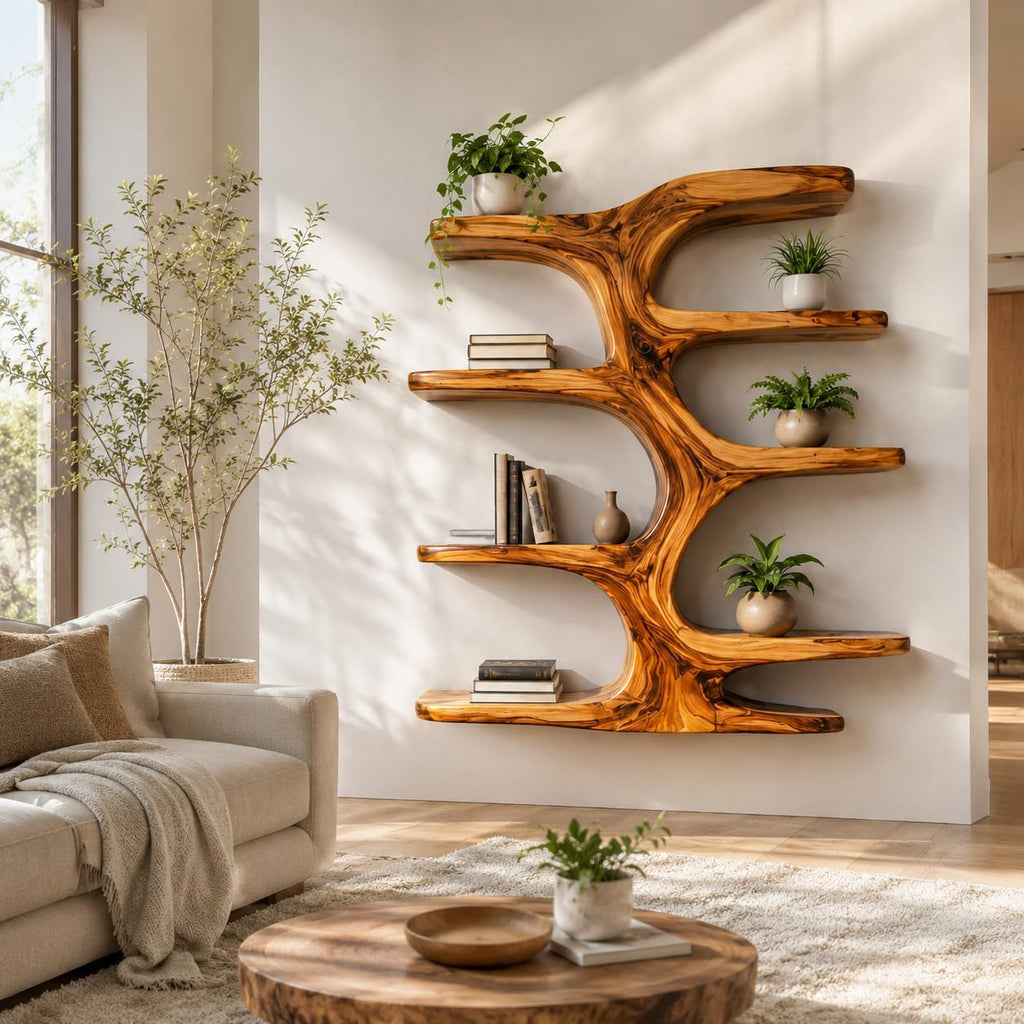 Contemporary Wooden Tree Bookcase, Wall Mounted Branch Display Shelf with 8" D Open Storage for Living Room, Office & Plant Decor (Option 3)