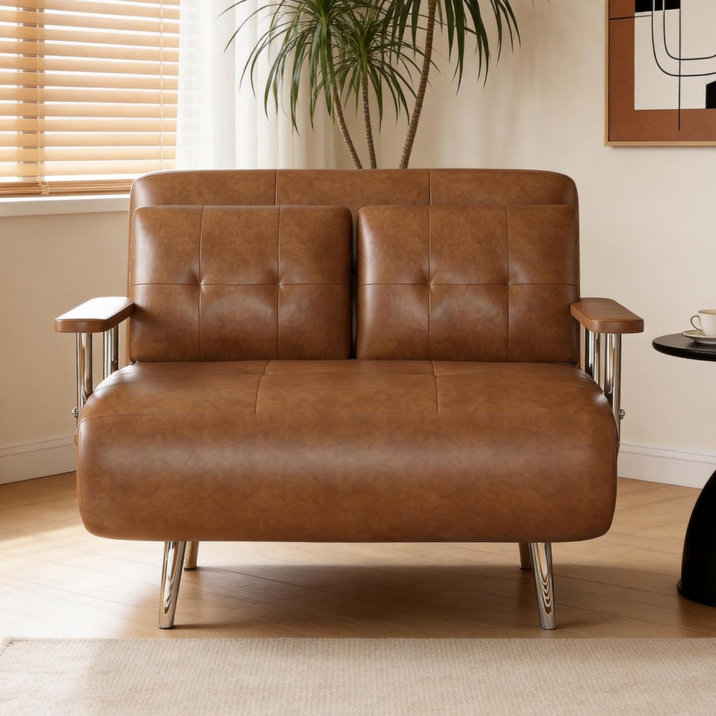 39.4" Brown Faux Leather Futon Sofa Bed Metal Legs Apartment