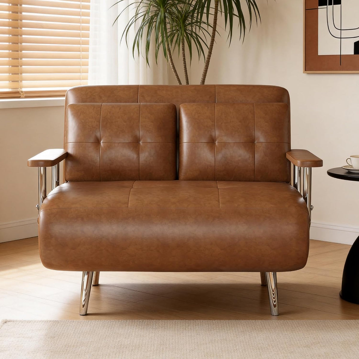 39.4" Brown Faux Leather Futon Sofa Bed Metal Legs Apartment