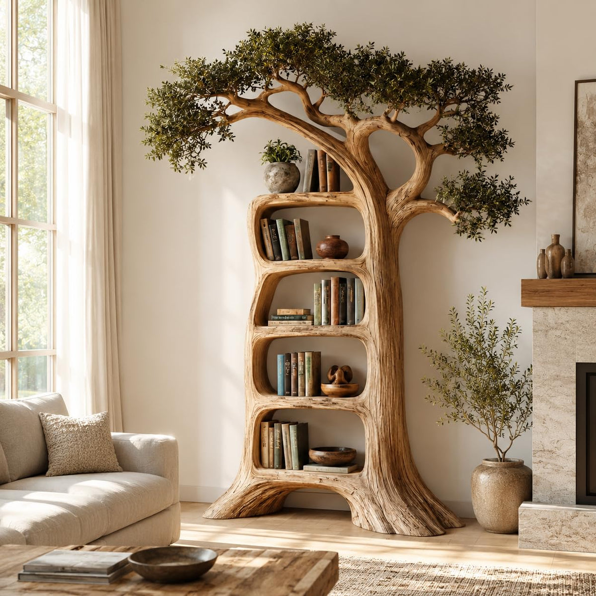 Rustic Tree Bookshelf, Solid Wood 70" H x 60" W Nature Inspired Bookcase with Open Shelves for Living Room Wall Decor (Option 4)