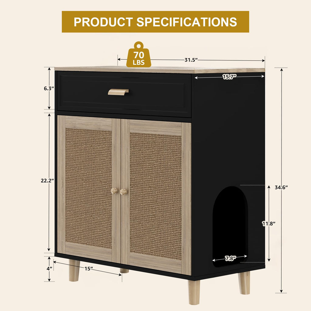 Cat Litter Box Enclosure Furniture Hidden Indoor 2-in-1 Wooden Cat & Washroom Cabinet with Scratching Board Doors and 3 Drawer for 2 Cats, 55"x20"x24"H