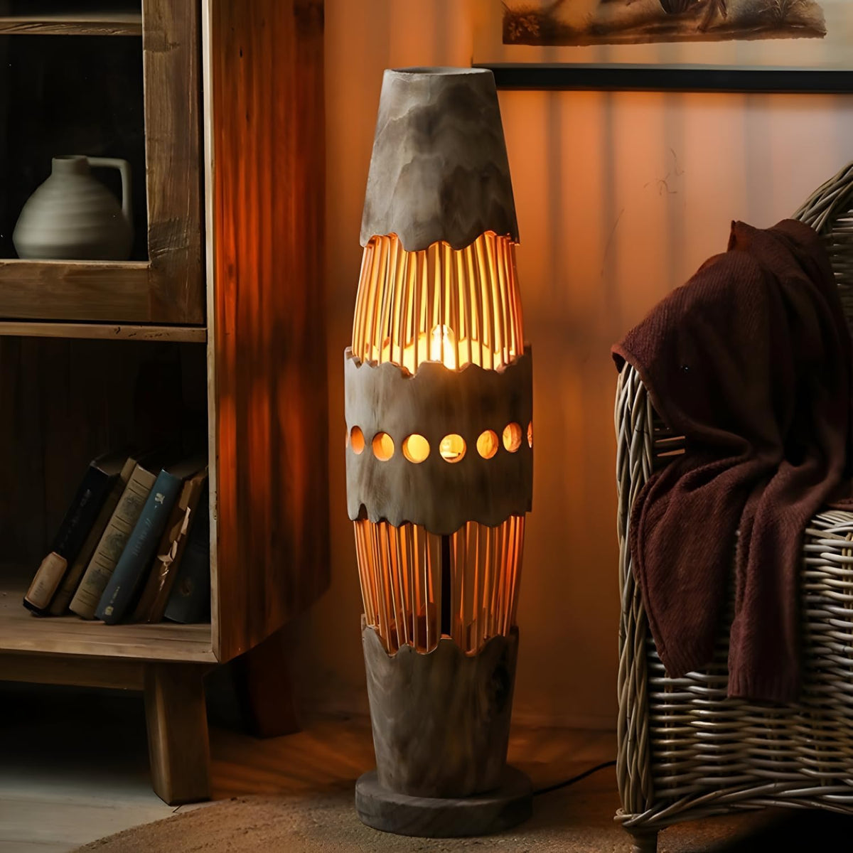 34.64" Mid Century Boho Farmhouse Wood Floor Lamp with Bamboo Shade