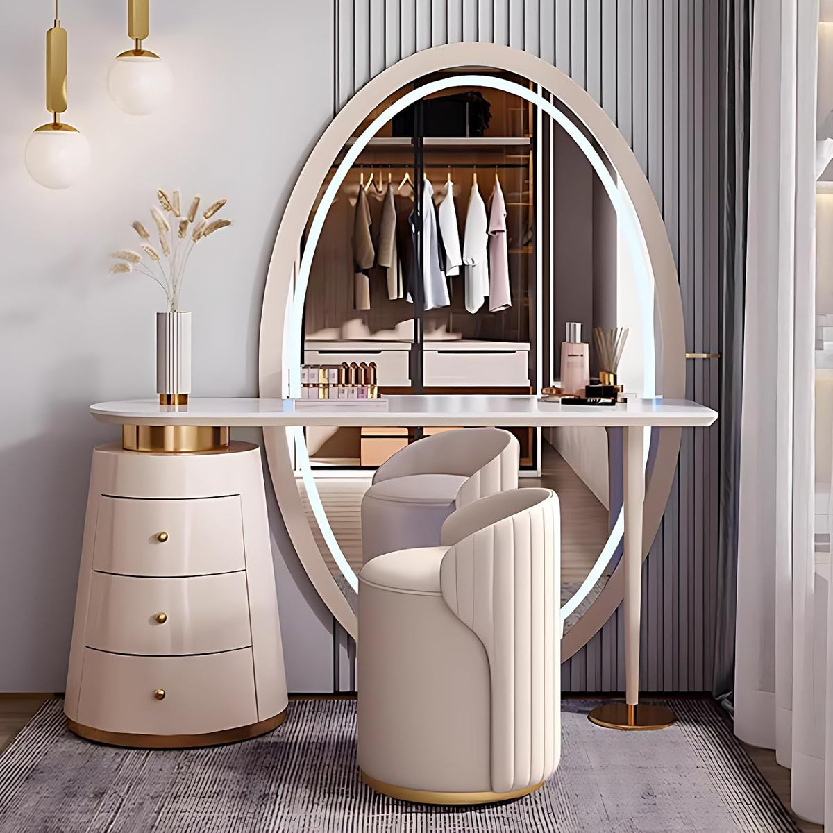 Off-White Solid Wood Vanity Set with LED Mirror