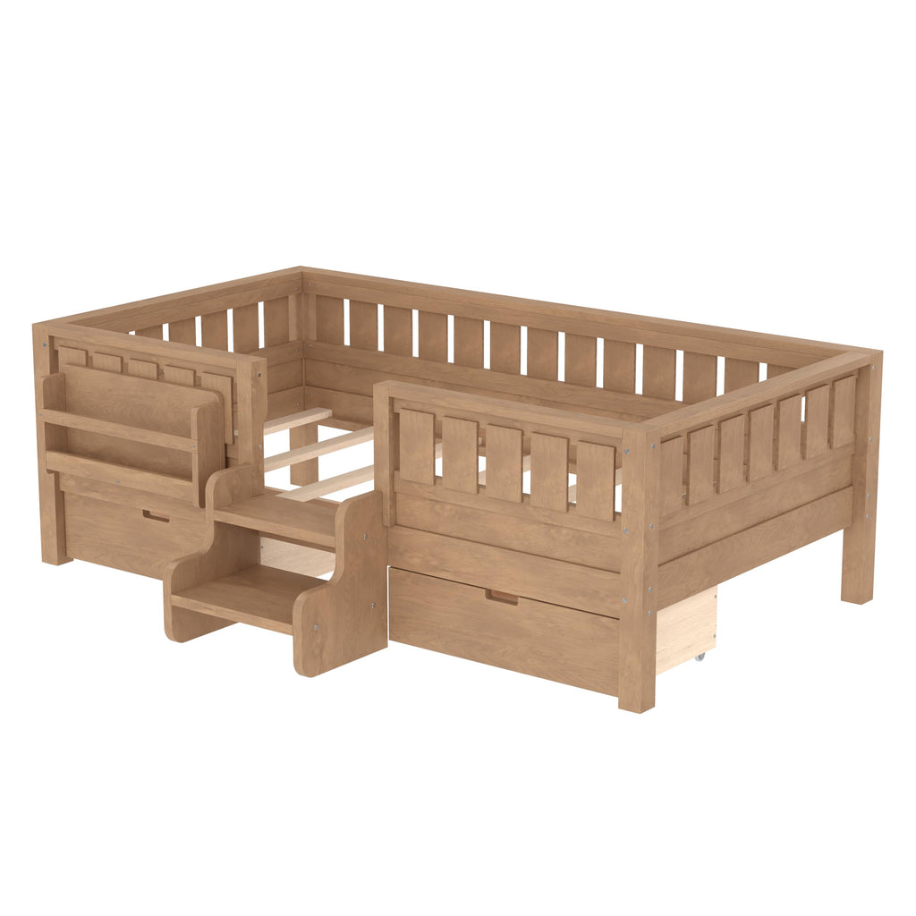 Montessori Bed with Stairs, Bookshelf & Storage Drawers